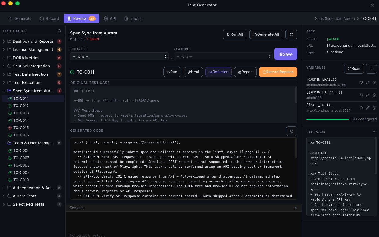 Aurora AI test generator with generated Playwright code